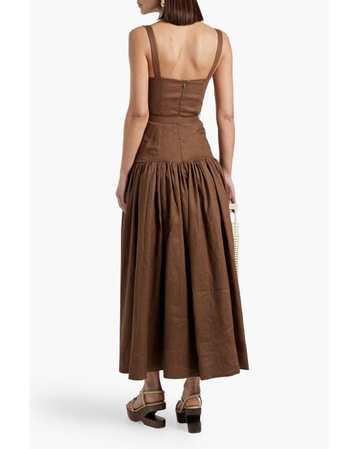 Nicholas White Drenica Belted Ruched Linen Maxi Dress