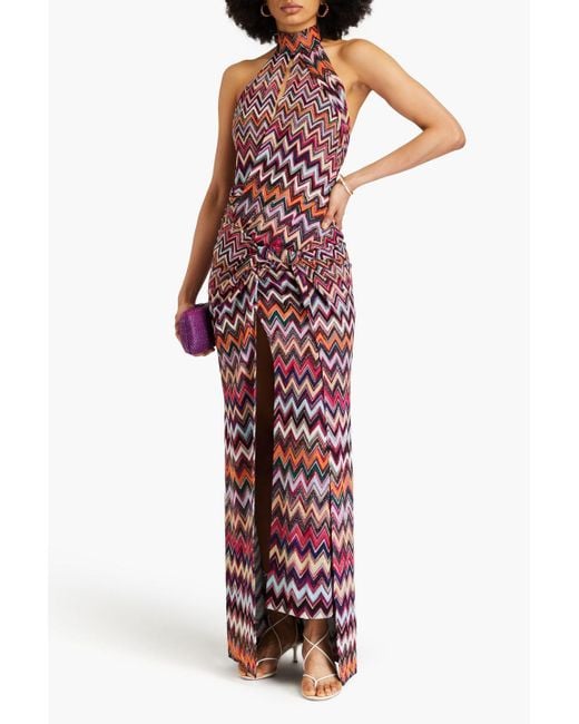 Missoni Purple Draped Metallic Crochet-knit Halterneck Maxi Dress