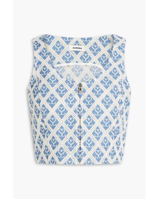 Sandro Blue Cropped Embroidered Denim Top
