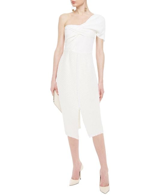 Roland Mouret White Morita One-shoulder Twist-front Crepe And Basketweave Wool-blend Midi Dress