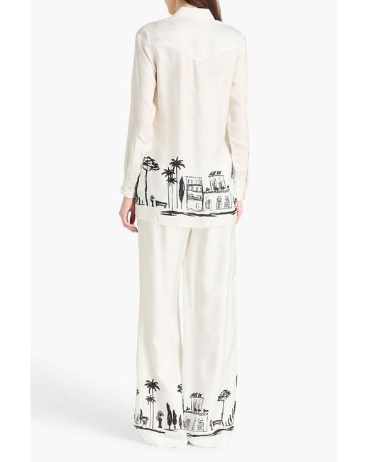 Officine Generale White Gracella Printed Silk-Twill Wide-Leg Pants
