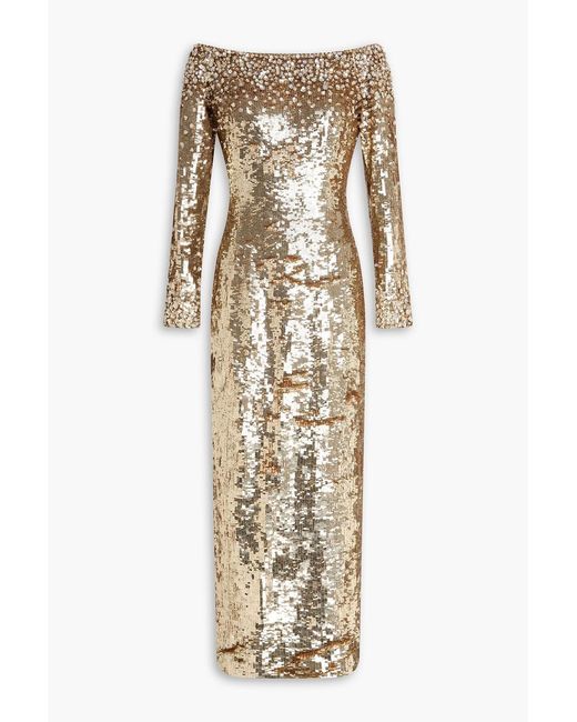 Jenny Packham Natural Ballroom Blitz Off-The-Shoulder Crystal-Embellished Sequined Satin Midi Dress