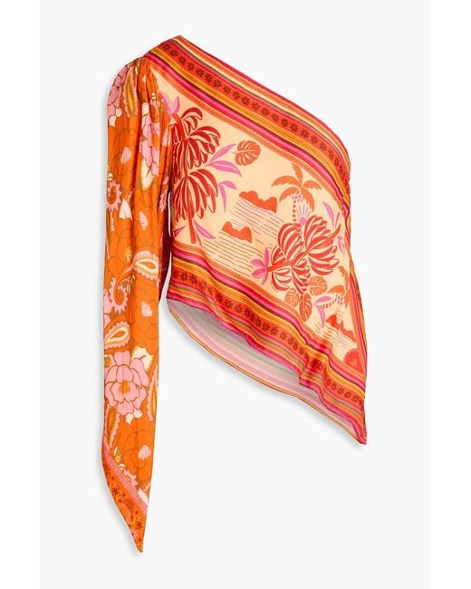 Farm Rio Orange One-Shoulder Asymmetric Printed Satin-Twill Top