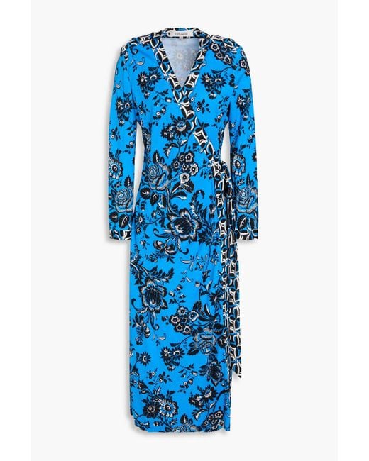 Diane von Furstenberg Blue Midi-wickelkleid "danica" aus seiden-jersey mit floralem print