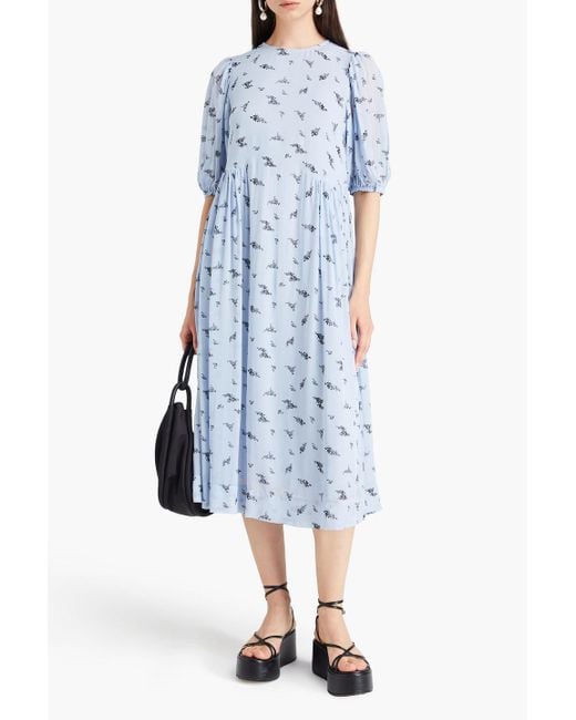 Ganni Blue Floral-print Georgette Midi Dress