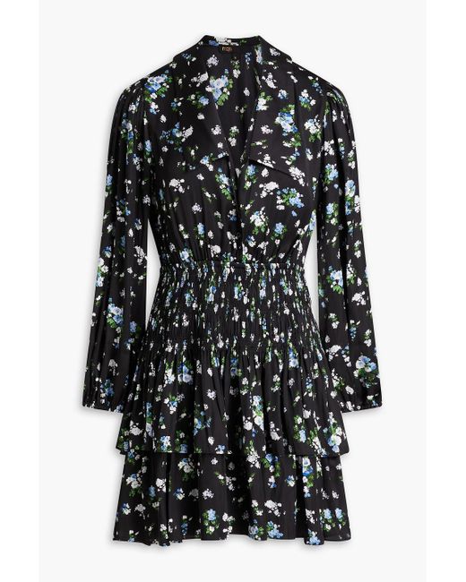 Maje Black Cutout Floral-print Satin Mini Shirt Dress