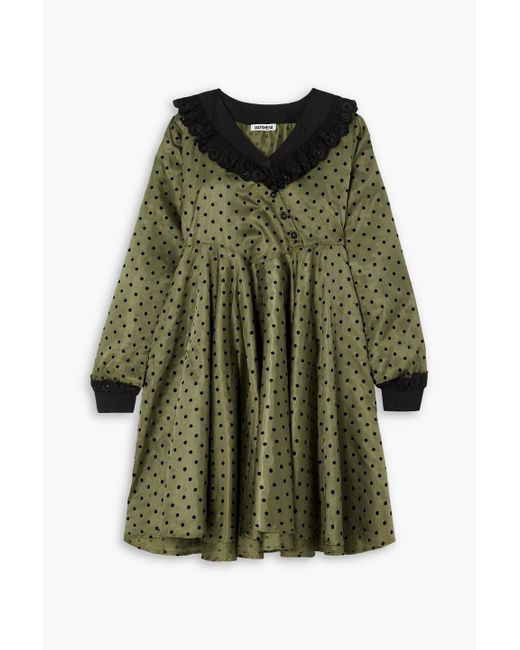BATSHEVA Green Flocked Polka-dot Satin-twill Mini Dress