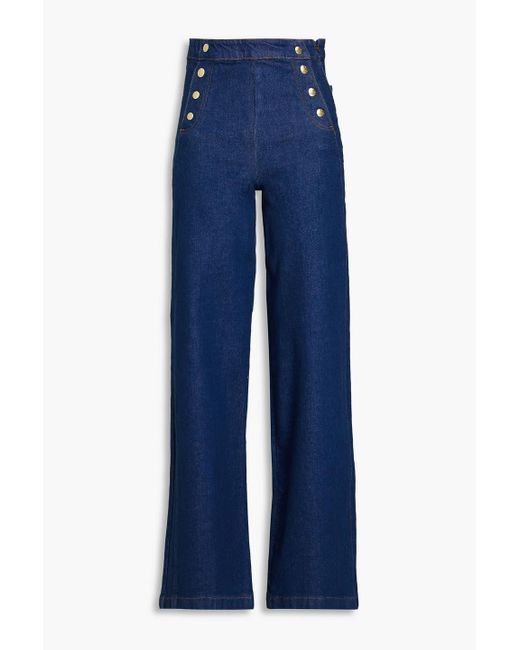 FRAME Blue Sailor Snap Embellished High-rise Wide-leg Jeans