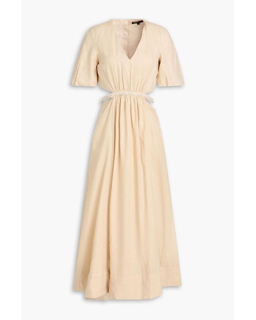 Maje Natural Bead-Embellished Cutout Linen Midi Dress