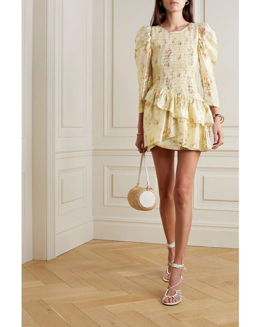 LoveShackFancy Natural Greenwich Embellished Shirred Floral-print Lamé Mini Dress