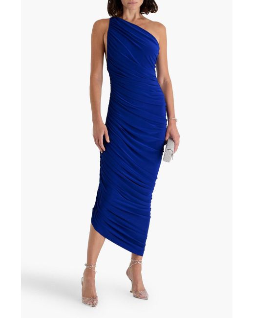 Norma Kamali Blue Diana One-Shoulder Ruched Stretch-Jersey Maxi Dress
