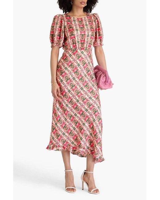 Saloni Red Vida Floral-Print Silk-Satin Jacquard Midi Dress