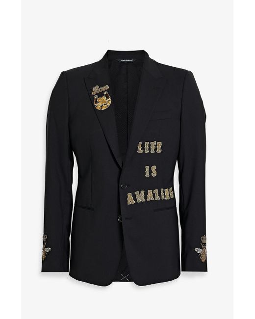 Dolce & Gabbana Black Appliquéd Wool-blend Blazer for men