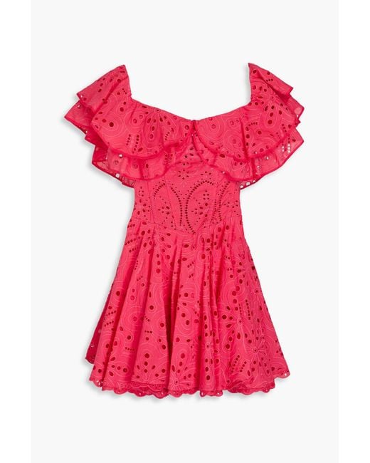 Charo Ruiz Red Dalia Off-the-shoulder Ruffled Broderie Anglaise Cotton-blend Mini Dress