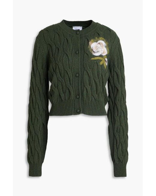 Erdem Green Floral-Print Cable-Knit Wool-Blend Cardigan