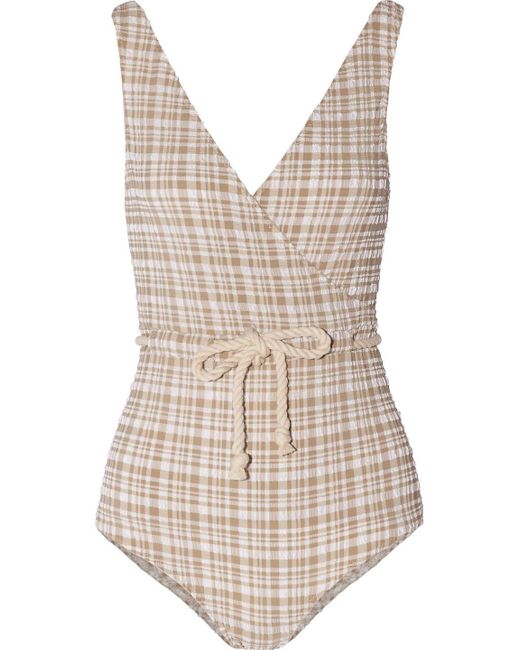 Lisa Marie Fernandez White Yasmin Wrap-Effect Checked Seersucker Swimsuit