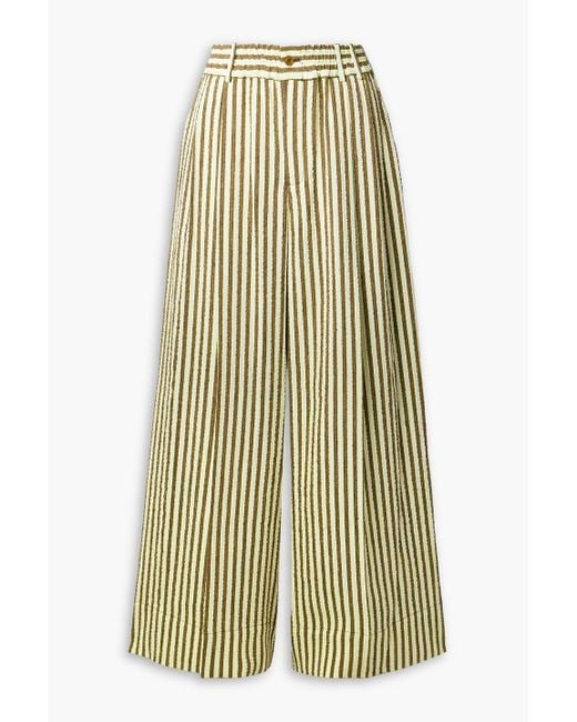 Christopher John Rogers Green Pleated Striped Seersucker Wide-leg Pants