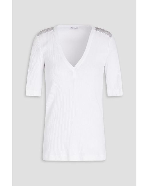 Brunello Cucinelli White Bead-embellished Ribbed Cotton Top