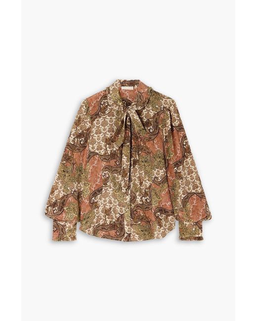 Ulla Johnson Brown Vedra Pussy-Bow Printed Silk Crepe De Chine Blouse