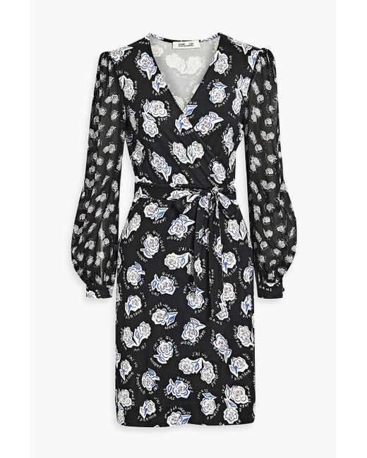 Diane von Furstenberg Black Gala Chiffon-paneled Printed Cady Mini Wrap Dress