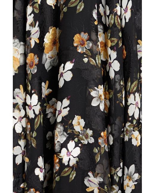 Mikael Aghal Black Gathered Floral-print Chiffon Maxi Dress