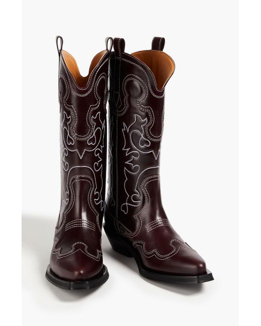Ganni Brown Embroidered Leather Western Boots