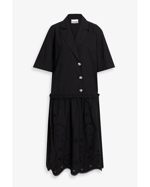 Ganni Black Gathered Broderie Anglaise Cotton-poplin Midi Dress