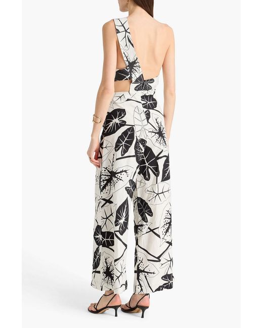 Farm Rio White One-shoulder Cutout Printed Linen-blend Wide-leg Jumpsuit