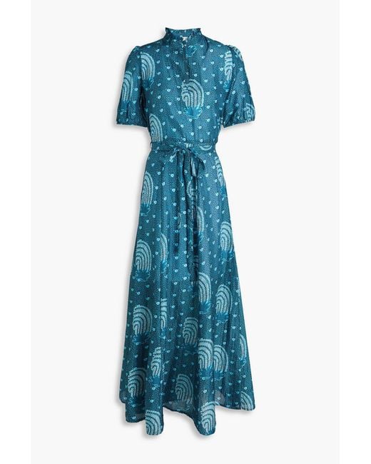 HANNAH Blue Oceanus Belted Printed Silk-Satin Maxi Dress