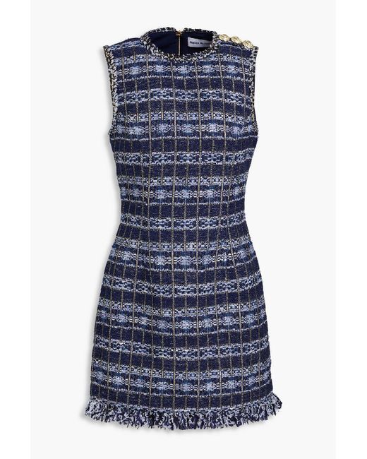 Rebecca Vallance Blue Frayed Button-embellished Tweed Mini Dress