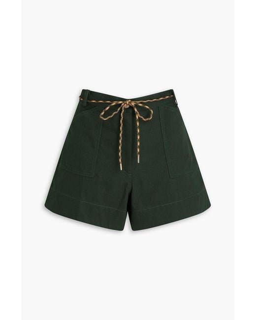 Sandro Green Belted Cotton-Canvas Shorts
