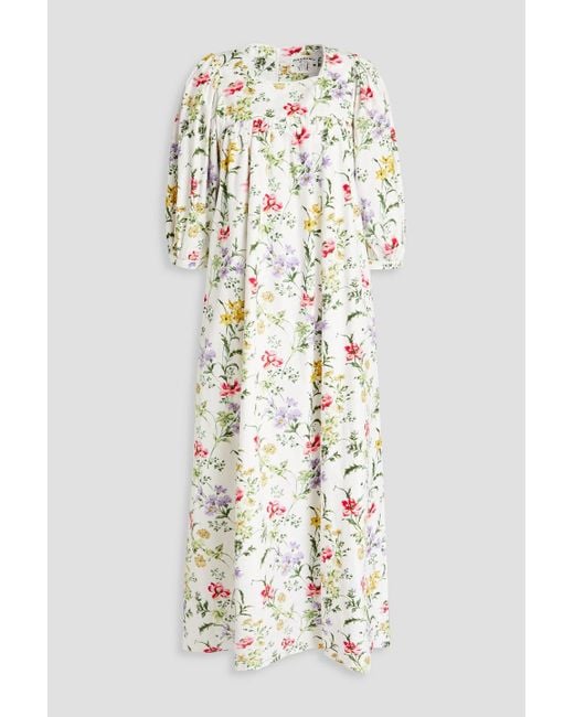 Meadows White Gathered Floral-print Organic Cotton-poplin Midi Dress
