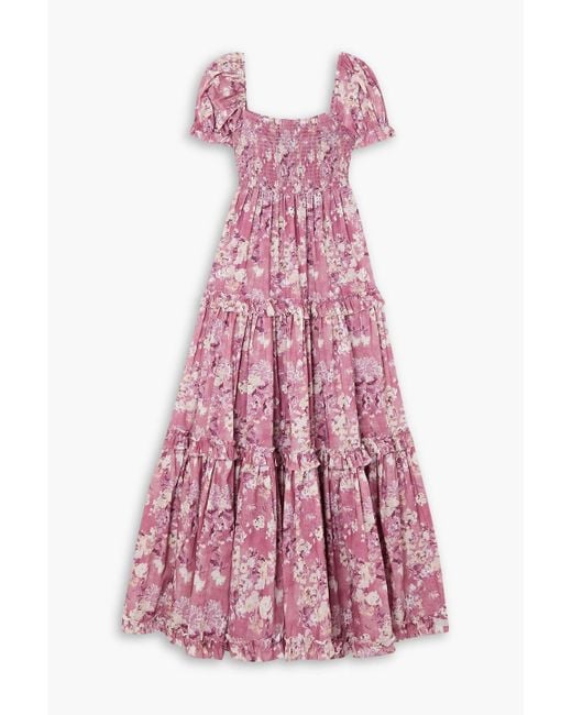 Caroline Constas Pink Zuri Smocked Tiered Floral-print Cotton-voile Maxi Dress