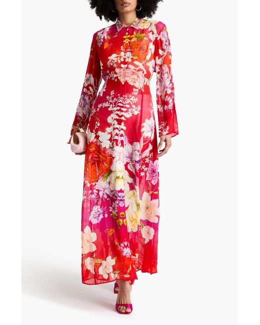 Camilla Red Crystal-Embellished Floral-Print Silk-Georgette Trench Coat