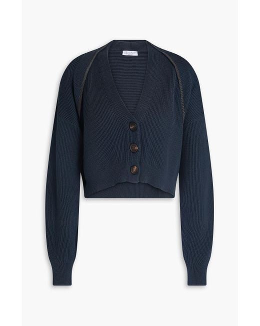 Brunello Cucinelli Blue Cropped Bead-embellished Ribbed Cotton Cardigan