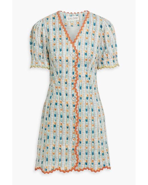 Saloni Blue Marlee Embroidered Printed Linen Mini Dress