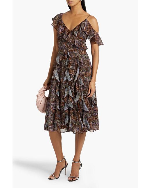 Mikael Aghal Brown Ruffled Metallic Printed Crepe De Chine Midi Dress