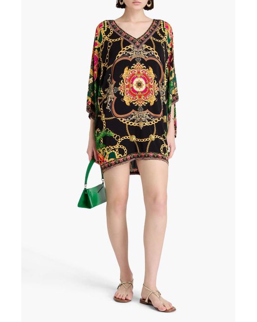 Camilla Black Crystal-Embellished Printed Stretch-Jersey Kaftan