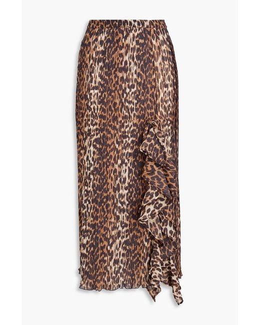 Ganni Brown Ruffled Leopard-print Chiffon Midi Skirt