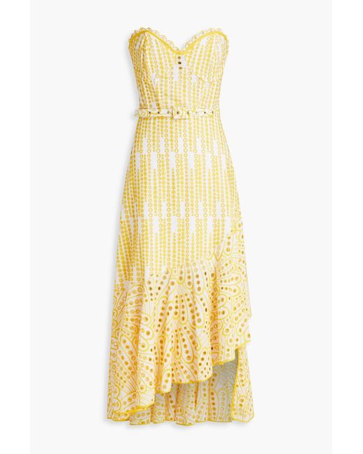 Charo Ruiz Yellow Aurora Strapless Broderie Anglaise Cotton-blend Dress