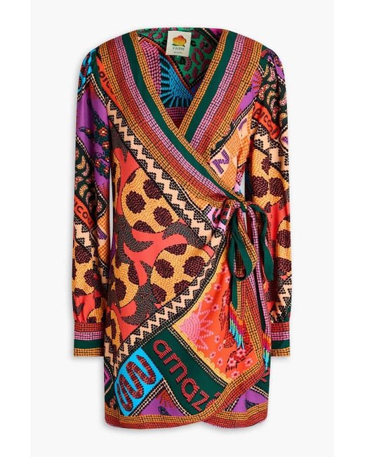 Farm Rio Orange Bead-embellished Printed Crepe Mini Wrap Dress