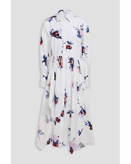 Erdem White Floral-print Cotton-poplin Midi Shirt Dress