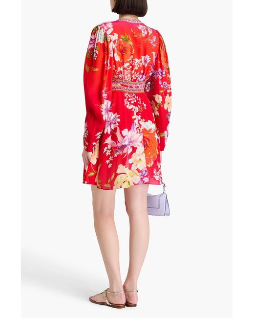 Camilla Red Crystal-Embellished Floral-Print Silk Crepe De Chine Mini Dress