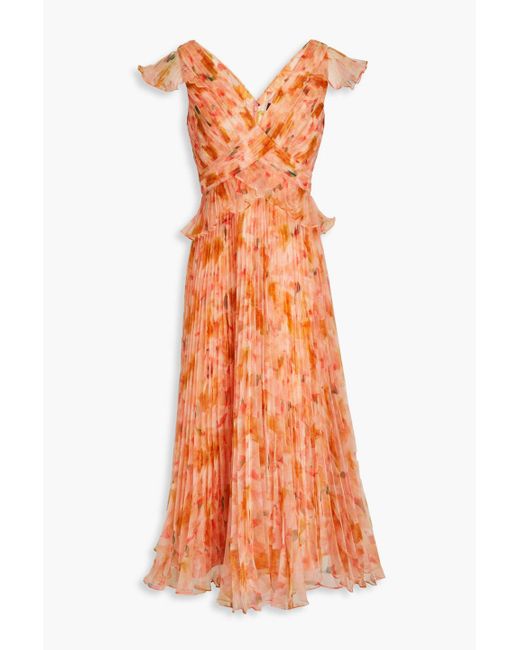 THEIA Orange Holly Pleated Floral-print Organza Midi Dress