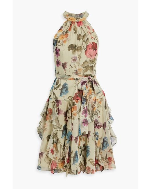 Mikael Aghal White Ruffled Floral-Print Chiffon Dress
