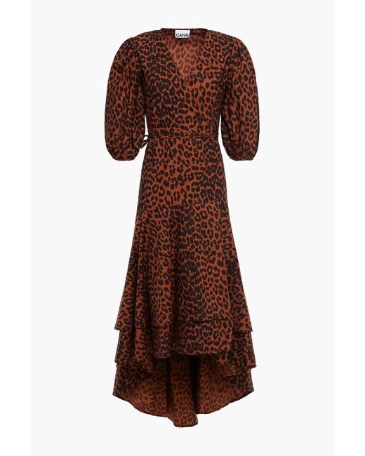Ganni Brown Leopard-print Organic Cotton-poplin Midi Wrap Dress