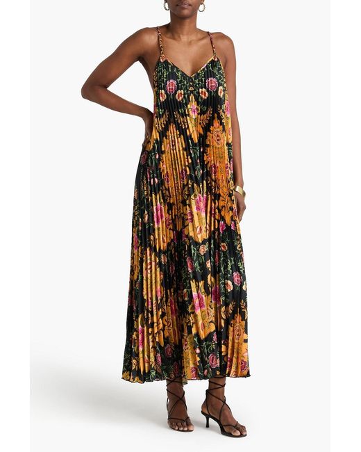 Farm Rio Metallic Pleated Floral-Print Satin Maxi Slip Dress