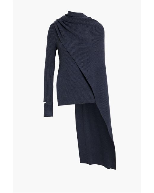 Helmut Lang Blue Draped Ribbed Merino Wool-blend Sweater