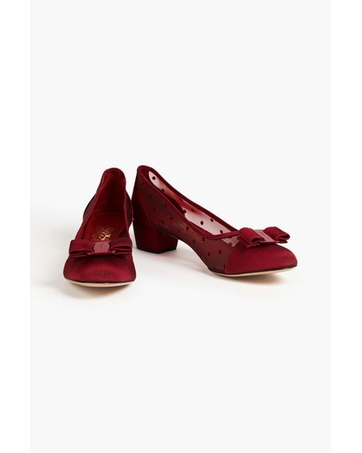 Ferragamo Red Vara Bow-detailed Flocked Mesh And Faille Pumps