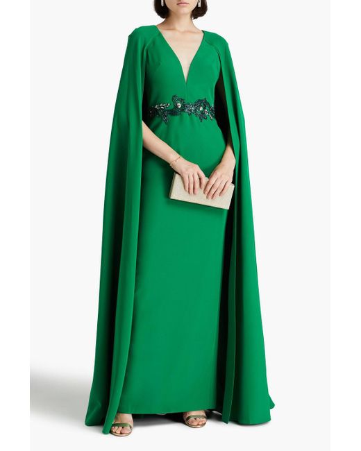 Marchesa Green Cape-effect Embellished Crepe Gown